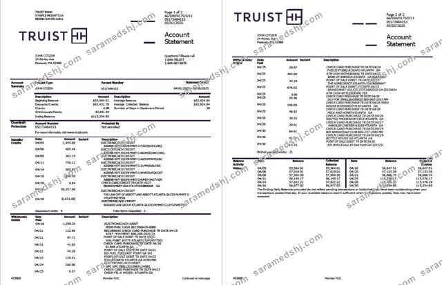 USA Truist Bank account statement Word and PDF template, 2 pages